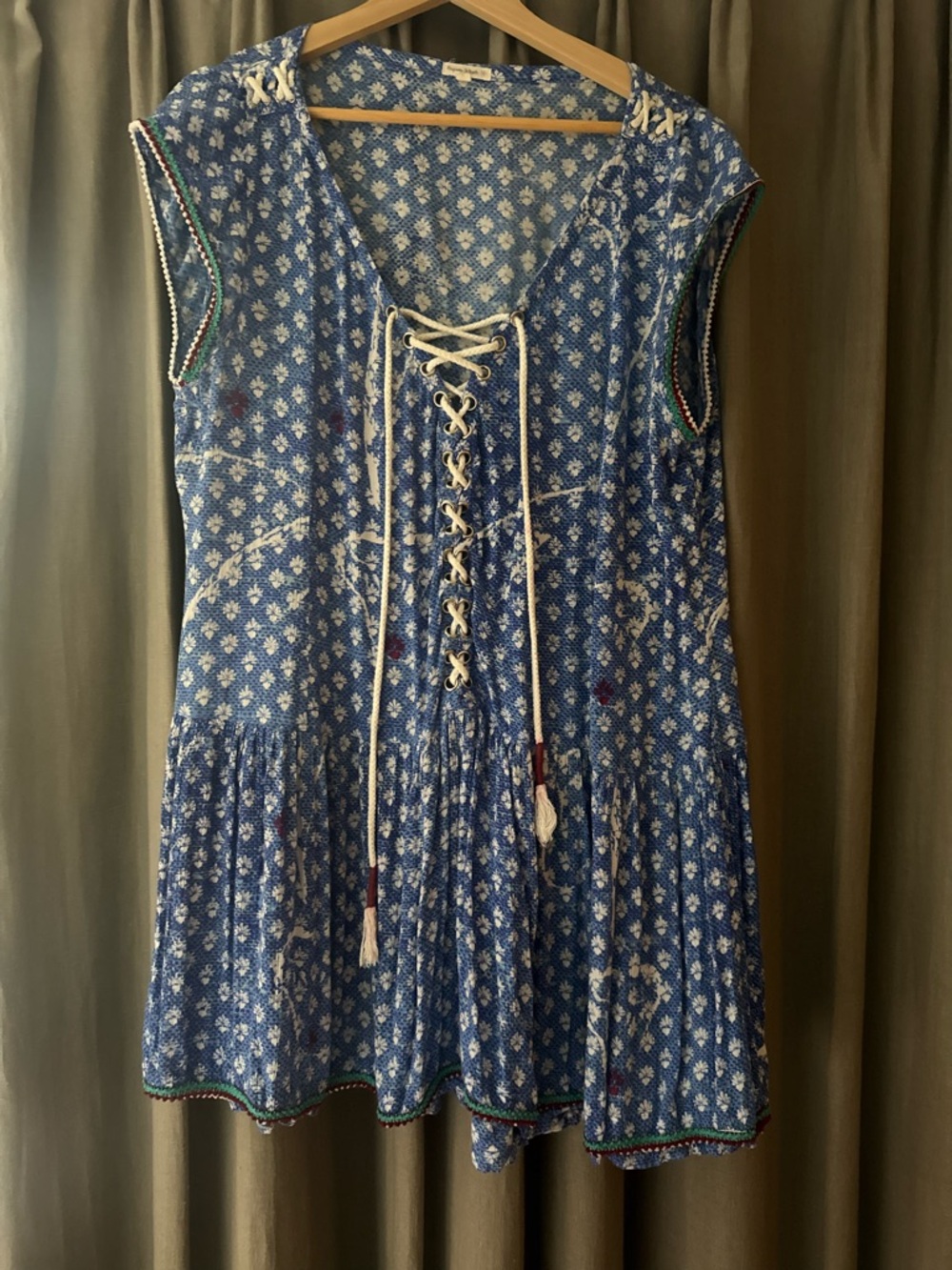 Poupette St Barth Blue Floral Lace-Up Boho Tunic Dressp